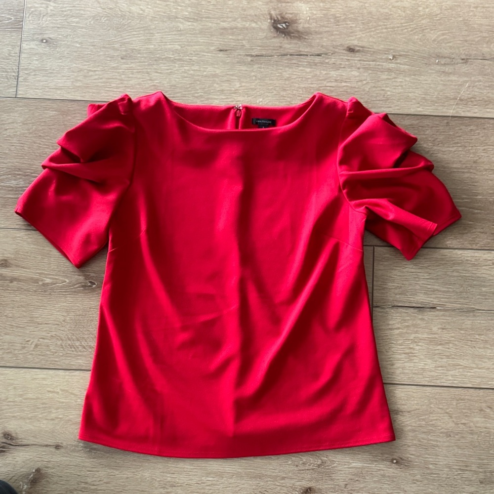 Ann Taylor Bold Red Blouse with Ruched Sleeves